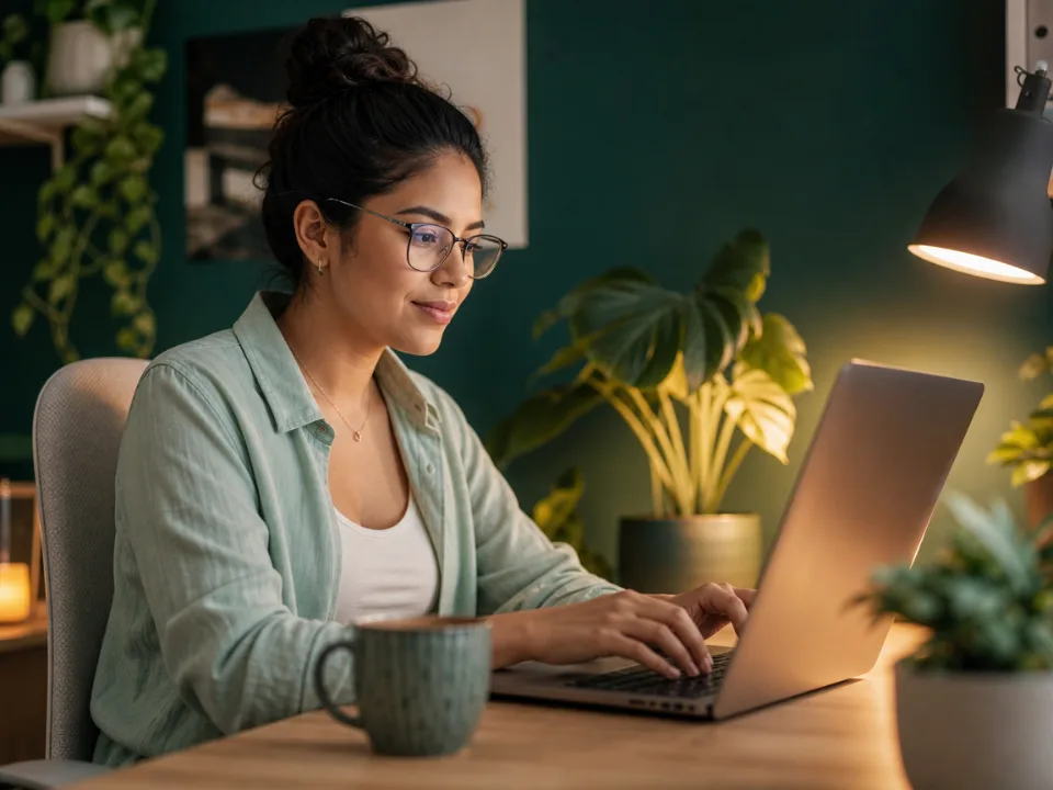 Mujer con lentes trabajando frente a un computador portátil
